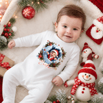 Personalized 3D-Style Art Cartoon Santa Claus Photo Snowball 100% Cotton Baby Romper Hat Set with Name Baby's 1st Christmas Gift for Baby Newborn