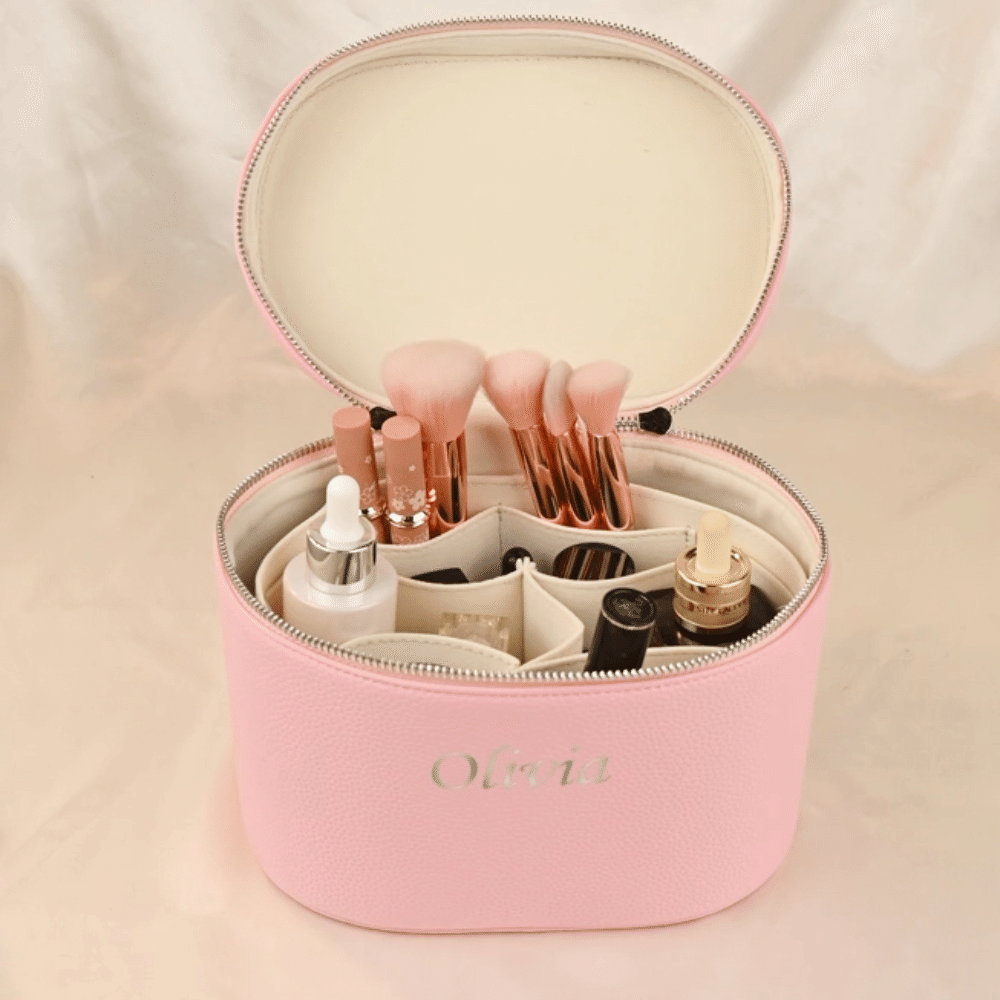 Estuche de maquillaje de viaje de piel personalizado con asa, organizador de cosméticos, regalo de cumpleaños, para damas de honor o para una propuesta de matrimonio, para ella 3