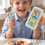 Ensemble de couverts personnalisé en acier inoxydable (3 pièces : fourchette, cuillère, couteau) au motif rayé coloré, avec prénom et étui – Cadeau d'anniversaire pour enfants