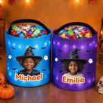 Personalized Halloween Cartoon Witch Oil Painting Style Photo LED Light Bucket Bag with Name Halloween Trick or Treat Activity Gift for Boys Girls