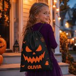 Personalized Halloween Pumpkin Face Expression Black Drawstring Gift Bag with Name Halloween Trick or Treat Gift for Kids Friends
