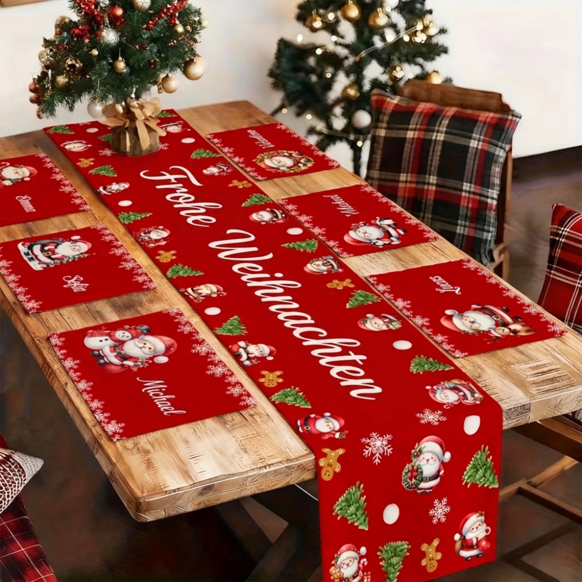 Personalisiertes Leinen Tischläufer & Platzset Set | mit Namen und Text | Festliche Tischdeko | Weihnachtsgeschenk für Familie & Freunde