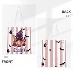 Personalized Halloween Cartoon Wizard Cat Ghost Spider Web Striped Canvas Tote Bag with Name Halloween Party for Kids