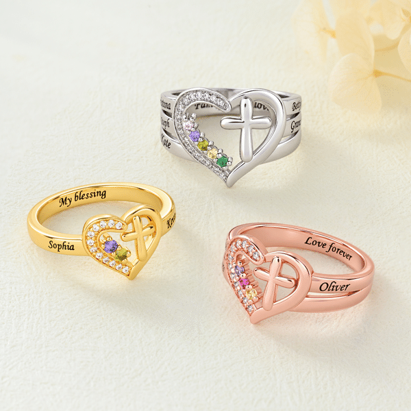 Personalised 1-8 Birthstones Heart Cross Design Sterling Silver Ring with Engraved Names and Text Birthday Anniversary Gift for Women Christians