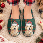 Personalised Christmas Lights Santa Hat Pet Photo Classic Plaid Anti-Slip Plush Slippers with Name Christmas Gift for Family Pet Lovers
