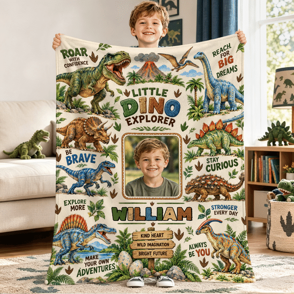 Coperta morbida personalizzata con simpatico dinosauro, nome e foto: decorazione per la cameretta e regalo di compleanno per bambini e ragazzi