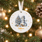 Personalized Christmas Theme Silver Snowman Star Heart Round Ceramic Ornament with Name and Year Christmas Holiday Gift for Family Friends