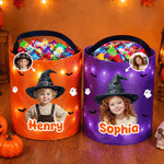 Personalized Halloween Cartoon Witch Oil Painting Style Photo LED Light Bucket Bag with Name Halloween Trick or Treat Activity Gift for Boys Girls