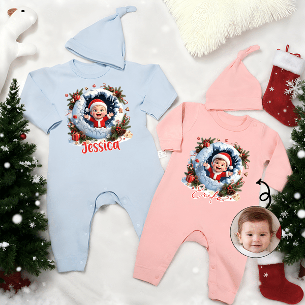 Personalized 3D-Style Art Cartoon Santa Claus Photo Snowball 100% Cotton Baby Romper Hat Set with Name Baby's 1st Christmas Gift for Baby Newborn