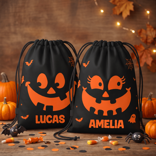Personalized Halloween Pumpkin Face Expression Black Drawstring Gift Bag with Name Halloween Trick or Treat Gift for Kids Friends