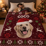 Manta navideña personalizada y acogedora con foto de tu mascota y gorro de Papá Noel, con nombre; decoración para el hogar y regalo de Navidad para dueños de mascotas y amantes de los animales