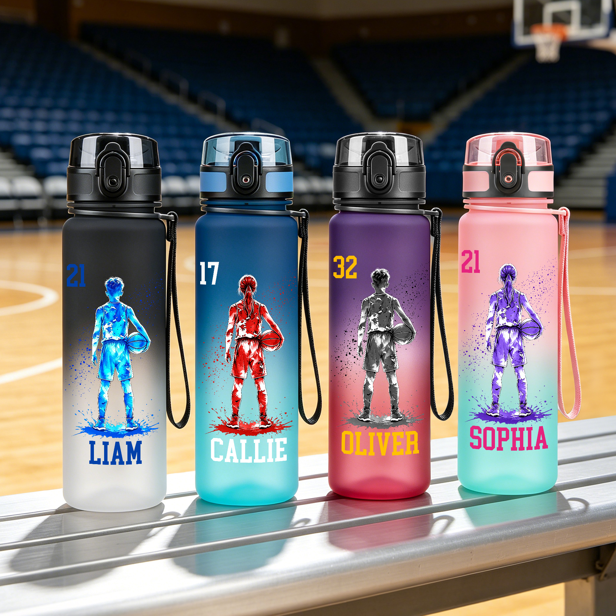Personalisierte, mehrfarbige Trinkflasche mit Basketballspieler-Silhouette, Namen und Nummer – ideal für den täglichen Flüssigkeitsbedarf, auf Reisen und als Geburtstagsgeschenk für jugendliche Spiele
