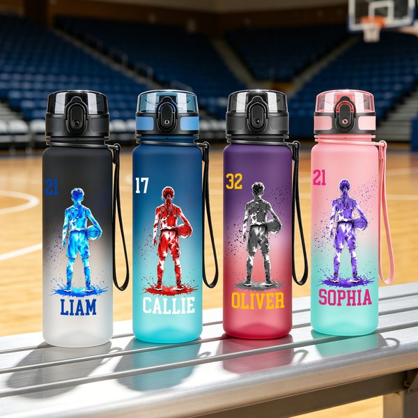 Personalised Multicolour Basketball Player Silhouette Water Bottle with Name and Number Daily Drinking Travel Birthday Gift for Teenagers Players