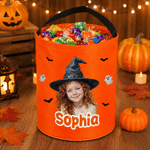 Personalized Halloween Cartoon Witch Oil Painting Style Photo LED Light Bucket Bag with Name Halloween Trick or Treat Activity Gift for Boys Girls