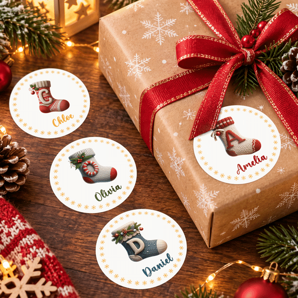 Personalised 3D-Effect Artwork Christmas Stocking Snowflake Design Waterproof Stickers with Name Gift Decor Christmas Party Gift for Kid Family