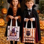 Personalized Halloween Cartoon Wizard Cat Ghost Spider Web Striped Canvas Tote Bag with Name Halloween Party for Kids