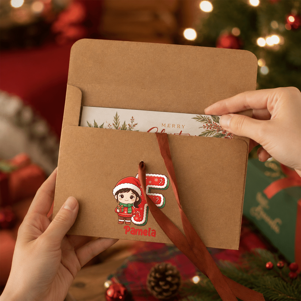 Juego de 2 sobres personalizados para dinero con diseño navideño de dibujos animados y foto de niño, con lazo y nombre. Regalo de Navidad para niños y amigos. 4