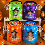 Personalized Halloween Cartoon Witch Oil Painting Style Photo LED Light Bucket Bag with Name Halloween Trick or Treat Activity Gift for Boys Girls