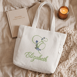 Personlig broderad tygväska i corduroy med blommönster och initialer, stor kapacitet – med namn, perfekt som födelsedagspresent till kvinnor