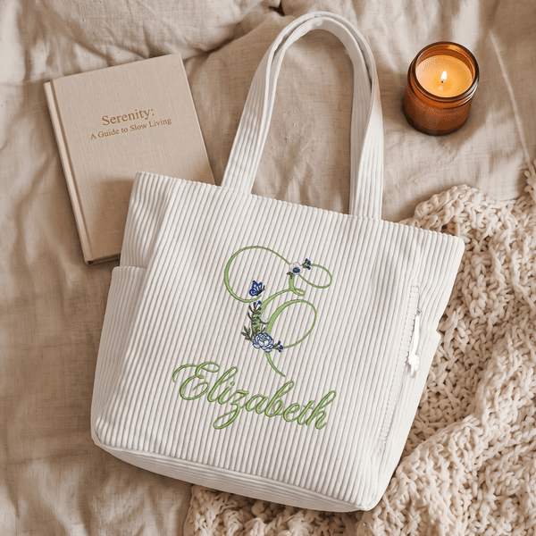 Personlig broderad tygväska i corduroy med blommönster och initialer, stor kapacitet – med namn, perfekt som födelsedagspresent till kvinnor