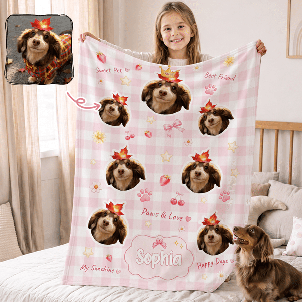 Personalized Pet Photo Checkered Pattern Soft Throw Blanket with Name Birthday Christmas Gift for Pet Owners Lovers Kids