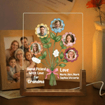 Personalized 1-7 Family Photos Flower Acrylic LED Night Light with Title Name and Wooden Base Daily Use Birthday Gift for Grandma