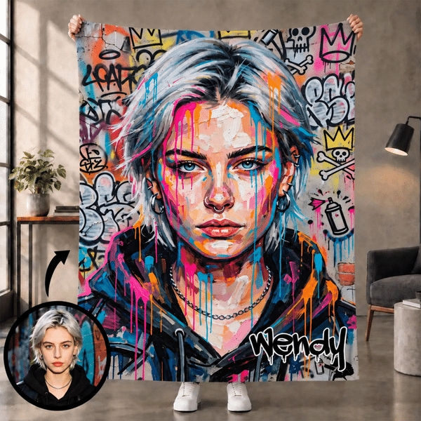 Manta suave personalizada con foto al estilo «graffiti urbano» y salpicaduras de tinta, con nombre, ideal como decoración para la habitación y como regalo de cumpleaños o Navidad para familiares y ami