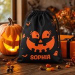 Personalized Halloween Pumpkin Face Expression Black Drawstring Gift Bag with Name Halloween Trick or Treat Gift for Kids Friends