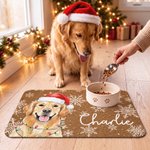 Personalized Watercolor Christmas Pet Photo PU Leather Waterproof Pet Feeding Mat with Name Daily Use Christmas Gift for Pet Owner