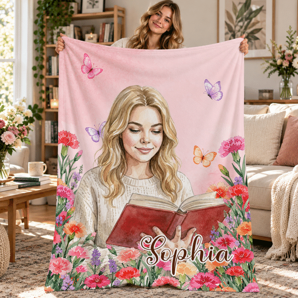 Personalised Watercolor Style Reading Character Birth Flower Soft Throw Blanket with Name Home Decor Birthday Gift for Women Girls Book Lovers