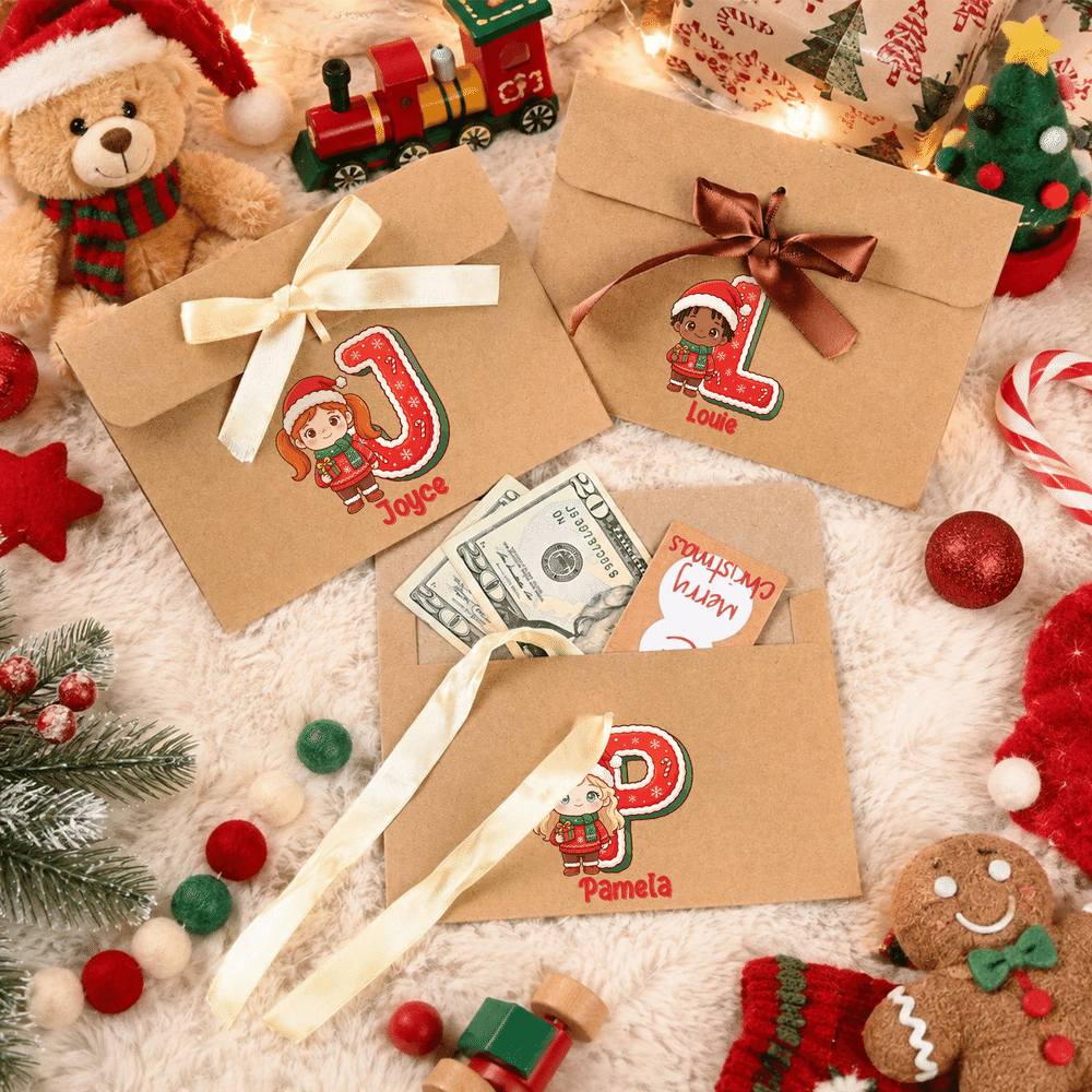 Juego de 2 sobres personalizados para dinero con diseño navideño de dibujos animados y foto de niño, con lazo y nombre. Regalo de Navidad para niños y amigos. 3