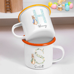 Gepersonaliseerde klassieke Peter Rabbit-mok van 12 oz met bloemenmotief en initiaal, met naam, geschikt als cadeau voor kamperen, Pasen of een verjaardag voor kinderen