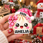 Decorazione da appendere in acrilico personalizzata con disegno artistico a effetto 3D raffigurante un raviolo, con nome e anno: decorazione natalizia per l’albero, regalo di Natale per bambini