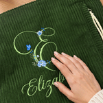 Personlig broderad tygväska i corduroy med blommönster och initialer, stor kapacitet – med namn, perfekt som födelsedagspresent till kvinnor