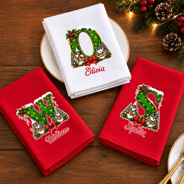 Servilleta navideña personalizada con iniciales, 100 % algodón, con nombre, decoración de mesa, regalo de Navidad para familiares y amigos