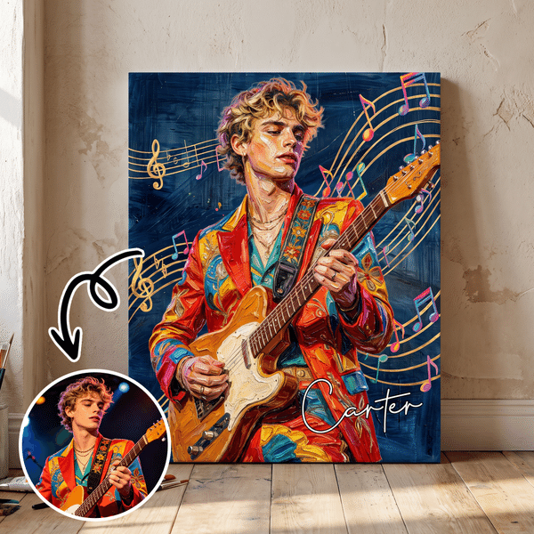 Personalized Guitar Performance Oil Painting Style Photo Canvas Prints with Name Home Decor Ship from USA Birthday Gift for Music Lovers