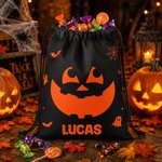 Personalized Halloween Pumpkin Face Expression Black Drawstring Gift Bag with Name Halloween Trick or Treat Gift for Kids Friends