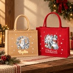 Bolso de lino rojo de gran capacidad, personalizado con un muñeco de nieve navideño y ramas de pino, con nombre. Ideal para el uso diario, como regalo para fiestas navideñas, para la familia, los amig 1