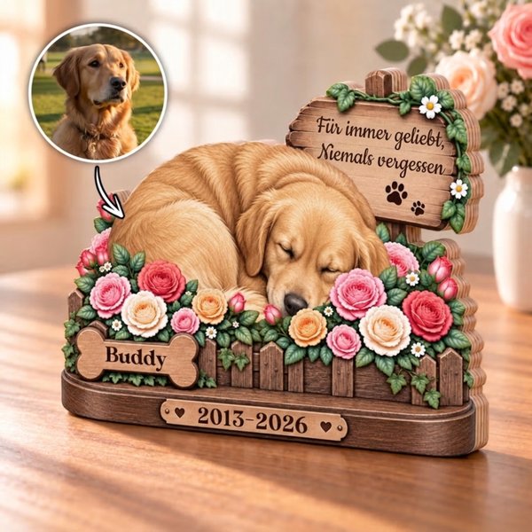 Personalisierte Haustier Gedenktafel aus Echtholz | mit Namen & Datum | Tischdeko in 3D-Optik | Beileidsgeschenk für Hundebesitzer & Katzenfreunde