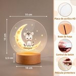 Luz nocturna LED personalizada de acrílico con base de madera animal de dibujos animados luna y nombre regalo de cumpleaños para niños