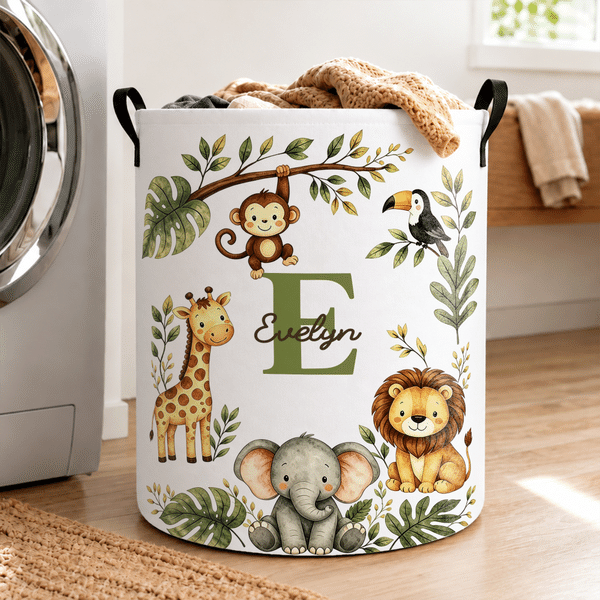 Gepersonaliseerde wasmand met grote capaciteit in de vorm van een junglebeest, met naam en initiaal – kinderkamerdecoratie en verjaardagscadeau voor kinderen