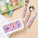 Ensemble de couverts personnalisé en acier inoxydable (3 pièces : fourchette, cuillère, couteau) au motif rayé coloré, avec prénom et étui – Cadeau d'anniversaire pour enfants