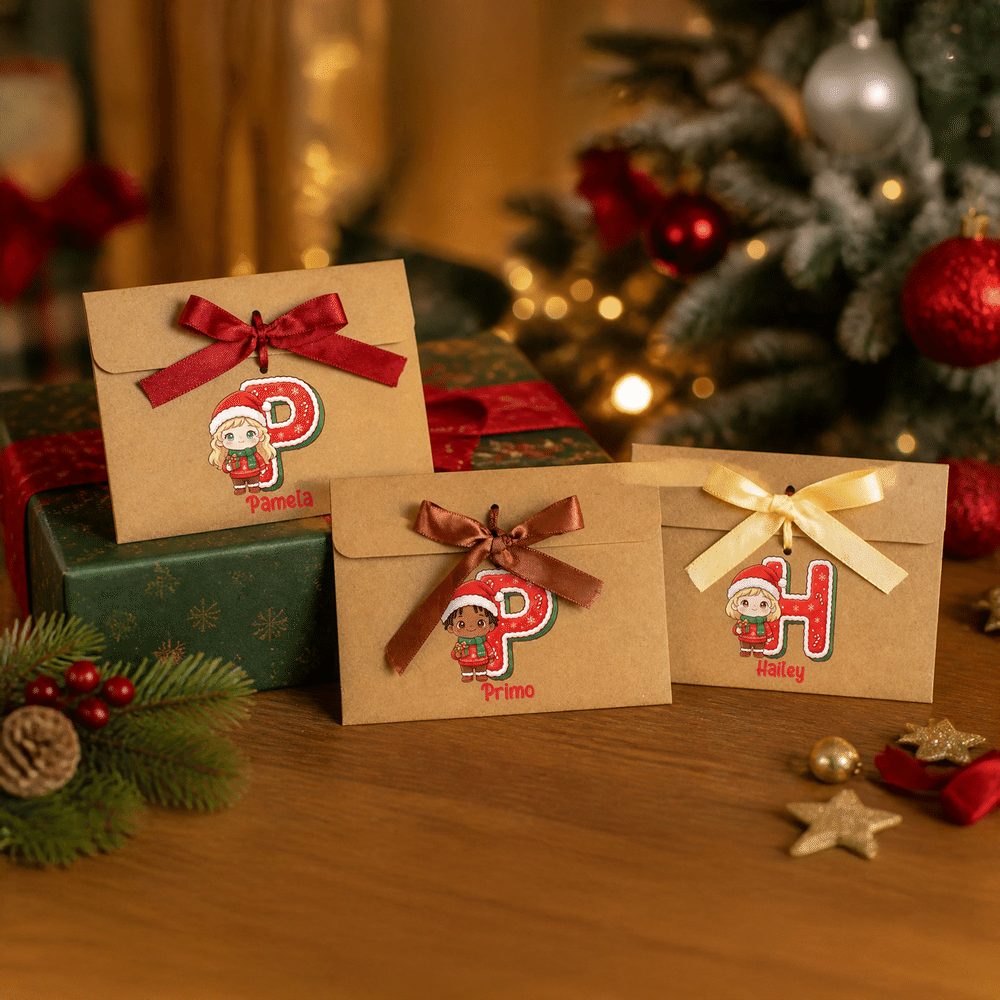 Juego de 2 sobres personalizados para dinero con diseño navideño de dibujos animados y foto de niño, con lazo y nombre. Regalo de Navidad para niños y amigos. 8