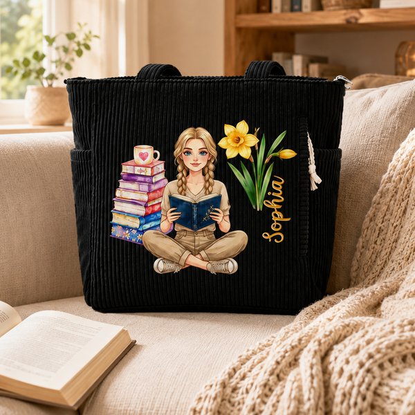 Sac fourre-tout en velours côtelé de grande capacité, personnalisé avec une illustration artistique de style 3D représentant la fleur de naissance, un message personnalisé et une photo, idéal comme ca