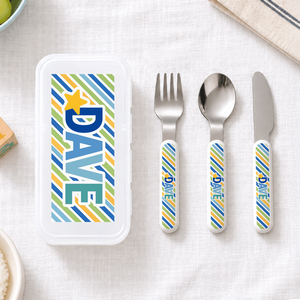 Personalized Colorful Stripe Design Safe Stainless Steel Fork Spoon Knife 3 Pcs Cutlery Set with Name and Case Birthday Gift for Kids
