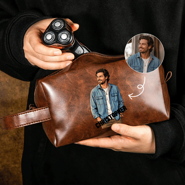 Borsa da toilette personalizzata in similpelle PU in stile fumetto con nome sul manico – Accessori da viaggio – Regalo di compleanno o di Natale per papà, uomo, marito