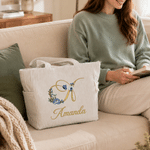 Personlig broderad tygväska i corduroy med blommönster och initialer, stor kapacitet – med namn, perfekt som födelsedagspresent till kvinnor