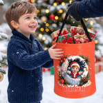 Personalized 3D-Effect Artwork Cartoon Santa Claus Photo Snowball LED Light Bucket Bag with Name Christmas Party Gift for Kids