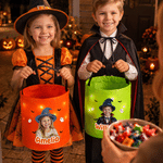 Personalized Halloween Cartoon Witch Oil Painting Style Photo LED Light Bucket Bag with Name Halloween Trick or Treat Activity Gift for Boys Girls