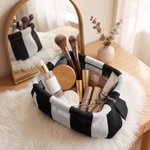 Personalisierte, mehrfarbig bestickte, gestreifte Strick-Kosmetiktasche mit Geburtsblume und Namensstickerei – Geburtstagsgeschenk für Frauen